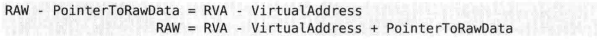 C{OX3XJ039EXRB`P2ZOUI2.png
各结构体成员如代码所示。
![I~%X9$DI{54TP9{8VJ%XHP.png
提示:PE文件加载到内存时,文件不会原封不动地加载,而要根据节区头中定义的节区起始地址、节区大小等加载。因此,磁盘文件中的PE与内存中的PE具有不同的形态。将装载到内存中的形态称为“映像(Image)”以示区别。
RAV to RAW
有关PE文件从磁盘到内存映射的内容。PE文件加载到内存时,每个节区都要能准确完成内存地址与文件偏移间的映射。这种映射一般称为RVA to RAW,方法如下。
(1)查找RVA所在节区。
(2)使用简单的公式计算文件偏移(RAW)。
根据IMAGE_SECTION_HEADER结构体,换算公式如下:![[2T)ZRMG2E)G($}U3ST`{KF.png