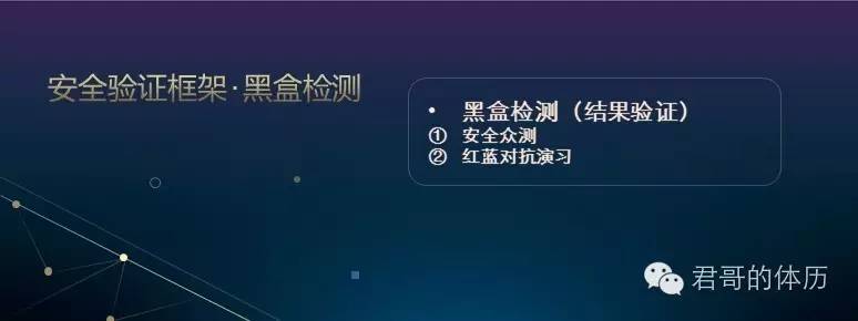 安 全 验 证 框 架 ． 黑 0 检 氵 则  O  0  黑 盒 检 测 （ 结 果 验 证 ）  安 全 众 测  红 蓝 对 抗 演 习  君 哥 的 体 历