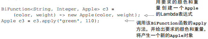 %64W1`942{UHQ7XECPJV93.png
如果你有一个具有两个参数的构造函数Apple(String color, Integer weight), 那么它就适合BiFunction接口的签名,于是你可以这样写:
等价于:
![Y0G7W7PVFYDX$39LOM0[02.png