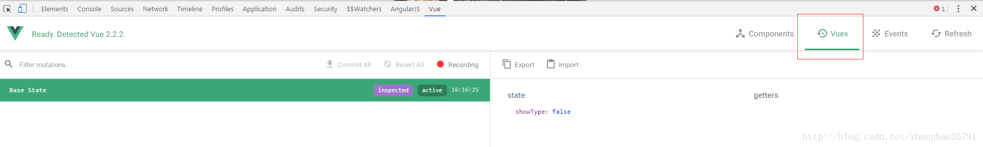 [Q Elements Console Sources Ready. Detected Vue 22.2. Q Filter mutations Base State Network Timeline Profiles Application Audits Security SSWatchers Commit All AngularJS S Revert All Vue OIL Refresh Recording 16:16:25 Export state showType : Components Import getters false O Vuex Events inspected active ; /.hrnghi1(i3ä791