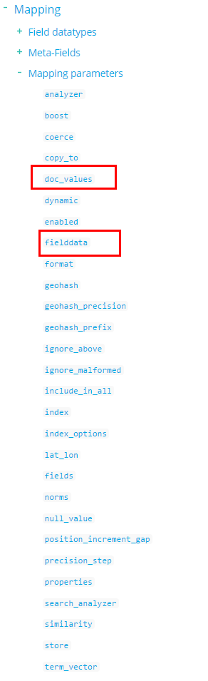 Mapping Field datatypes Meta-Fields Mapping parameters analyzer boost coerce c opy_to doc values dynamic enabled fielddata format geo hash geo hash_precision geo hash_prefix ignore_above ignore_malformed include in all index index_options lat Ion fields norms null value precision step pm»erties search_analyzer similarity store term vector