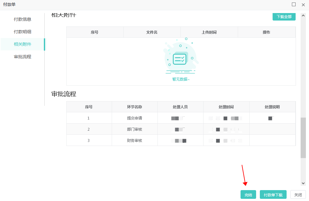 付款单详情页“完结”的作用2