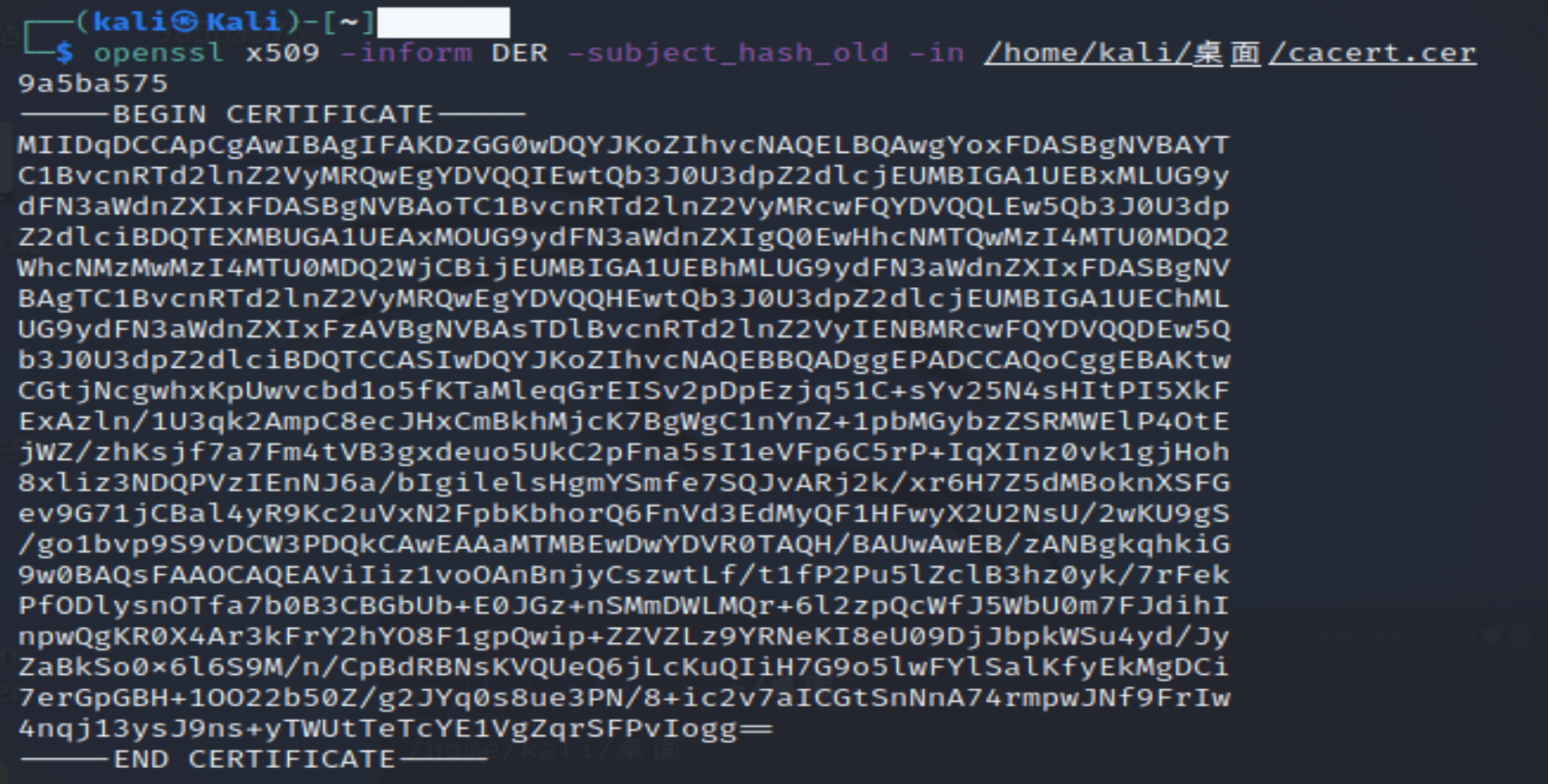 OLIJQNL_67G}Y6EWKISA{N.png
如果下载的文件为der格式,需要修改后缀为cer
计算hash
这里使用kali的openssl,需要记住前面的值(9a5ba575),作为后面文件的文件名。
//.cer格式证书
openssl x509 -inform DER -subject_hash_old -in <证书文件.cer>
//.pem格式证书
openssl x509 -inform PEM -subject_hash_old -in  <证书文件.pem>![image.png