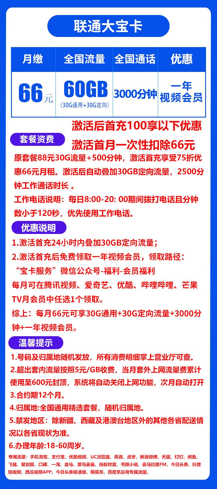  【电销卡】N017/联通大宝卡66元60G流量+3000分钟通话+视频会员【长期套餐】(图1)