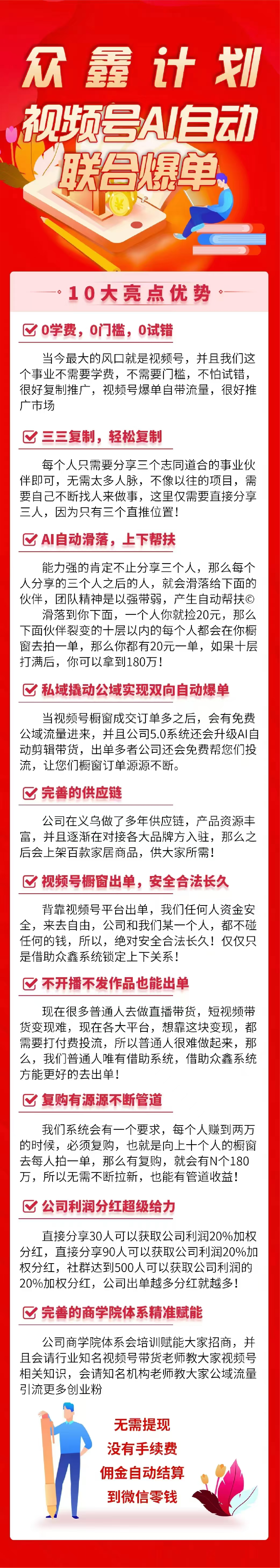 众鑫计划视频号自动爆单，全网一条线滑落， 内排最高点位，最高政策扶持团队长