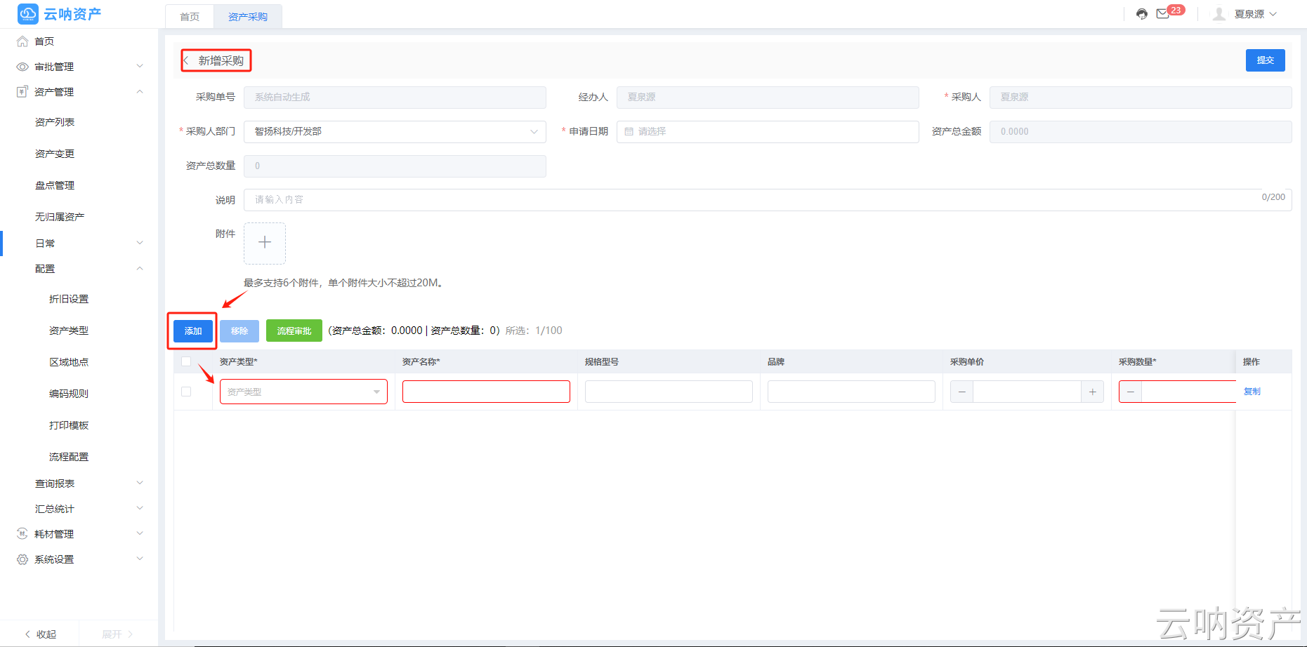 新增資產(chǎn)采購頁面