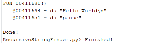 Figure 2.6 – Result of running the RecursiveStringFinder.py script over a Hello World program