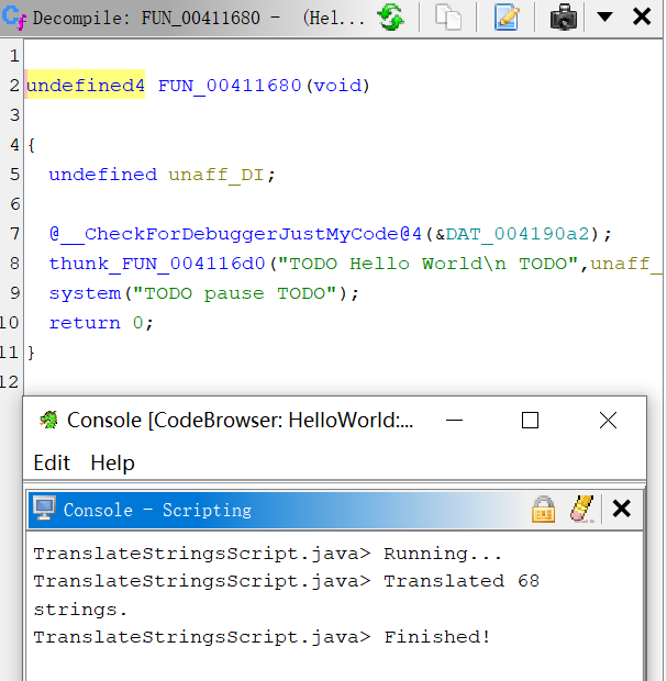 Figure 2.7 – Result of running TranslateStringsScript.java over a Hello World program