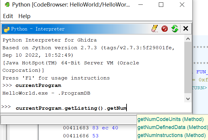 Figure 2.11 – The Ghidra Python interpreter autocompletion feature