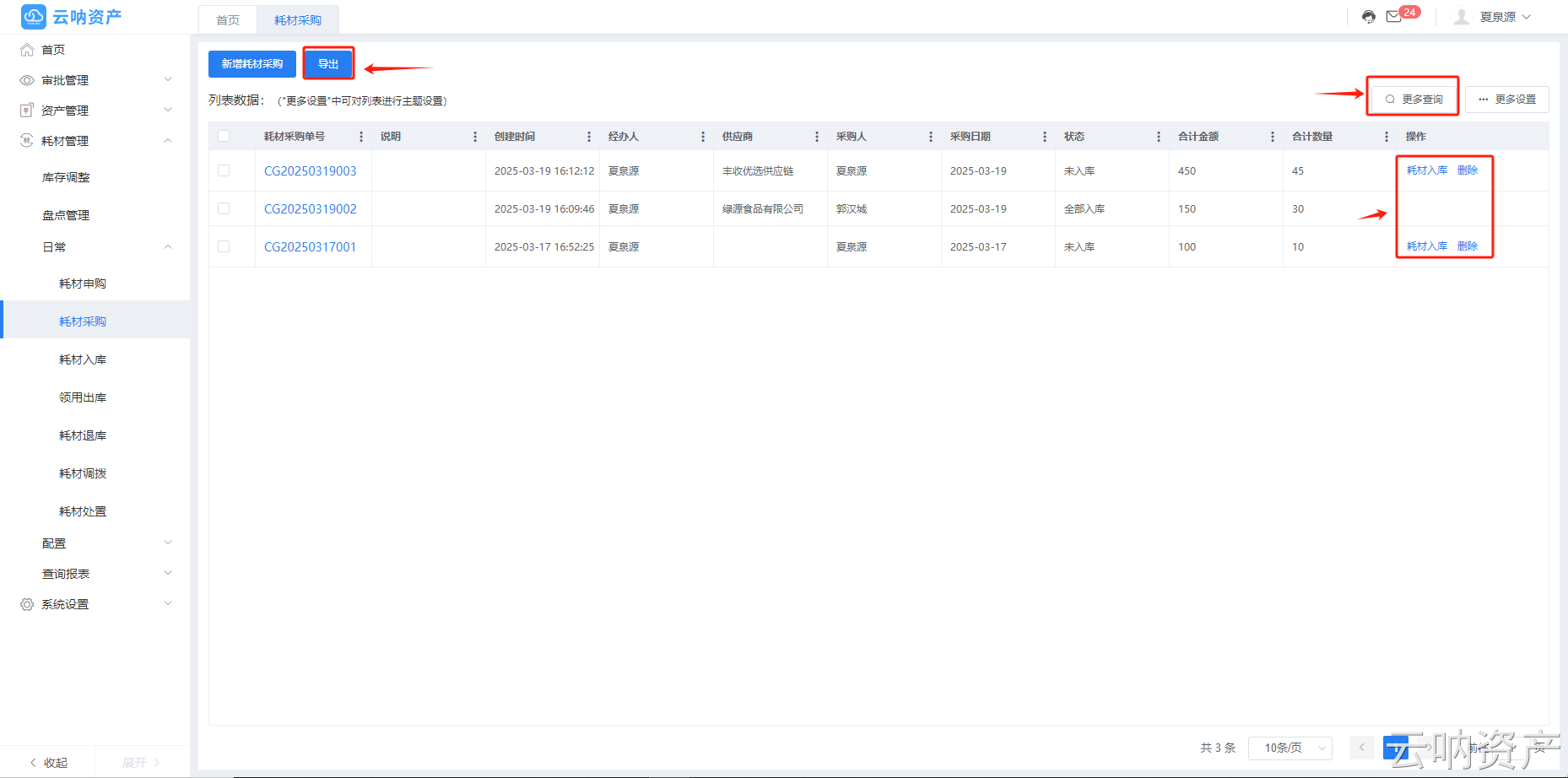 耗材采購列表操作頁面