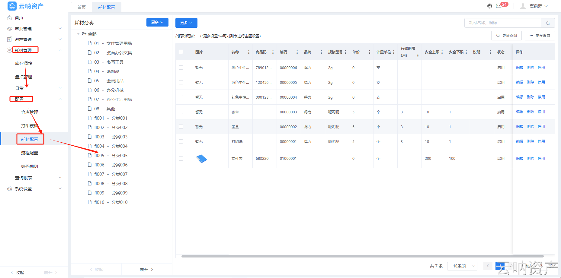 耗材配置列表頁面