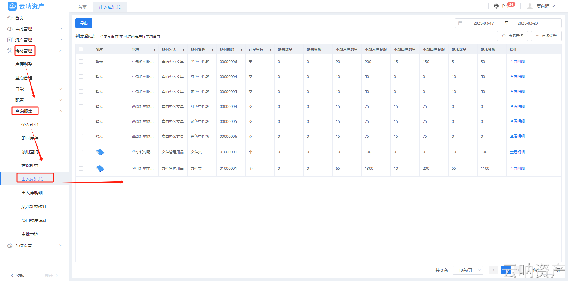 出入库汇总列表页面