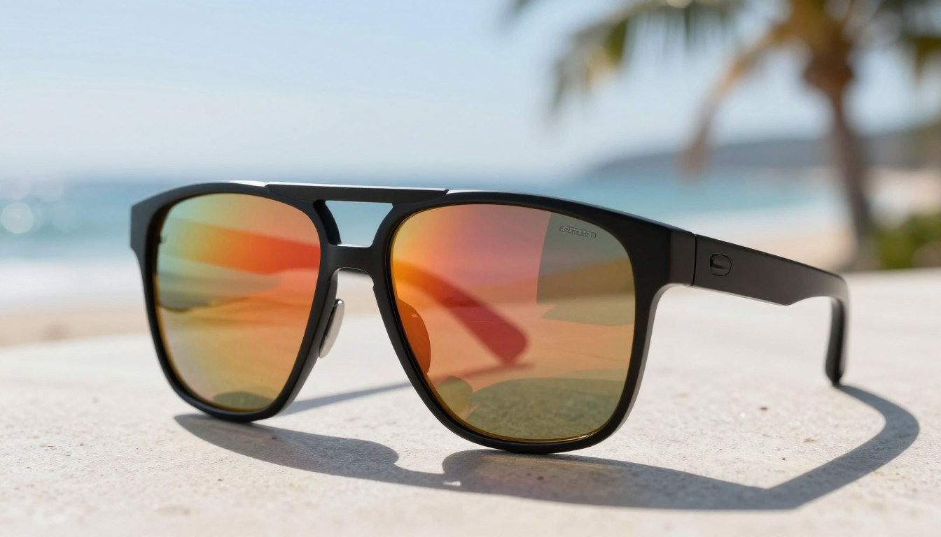 Sunglasses with reflective orange lenses on a sunny beach, palm tree and ocean in the background.