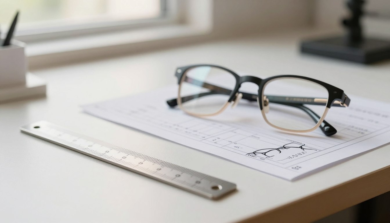 Glasses resting on a desk with a ruler and documents.