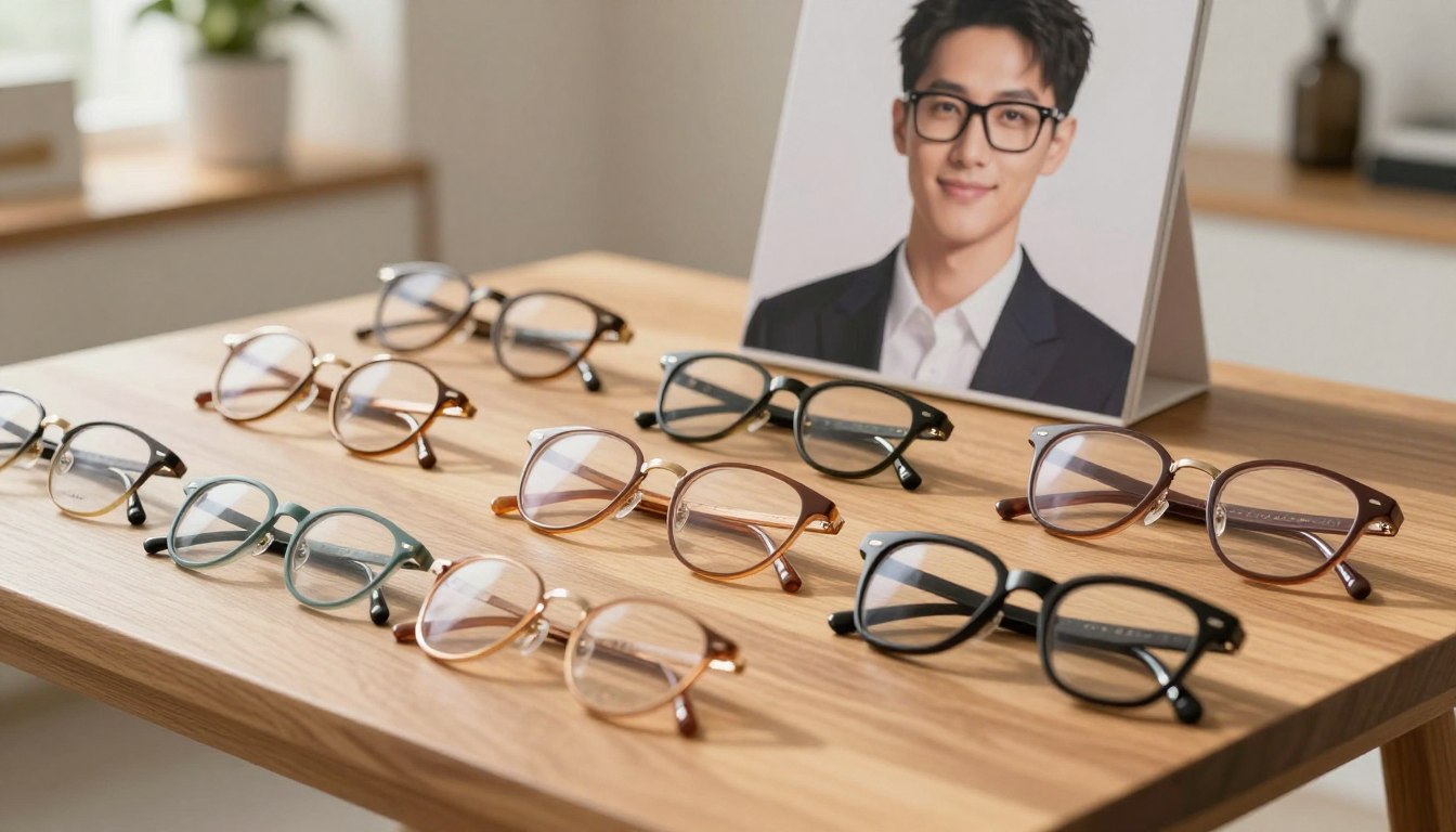 Assorted eyeglasses displayed on a wooden table with a stylish interior backdrop.