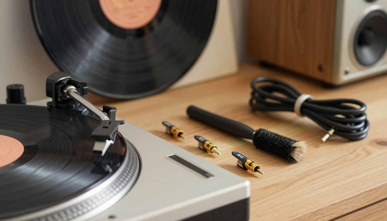 Turntable with vinyl record, cleaning brush, cables, and speaker on wooden table.