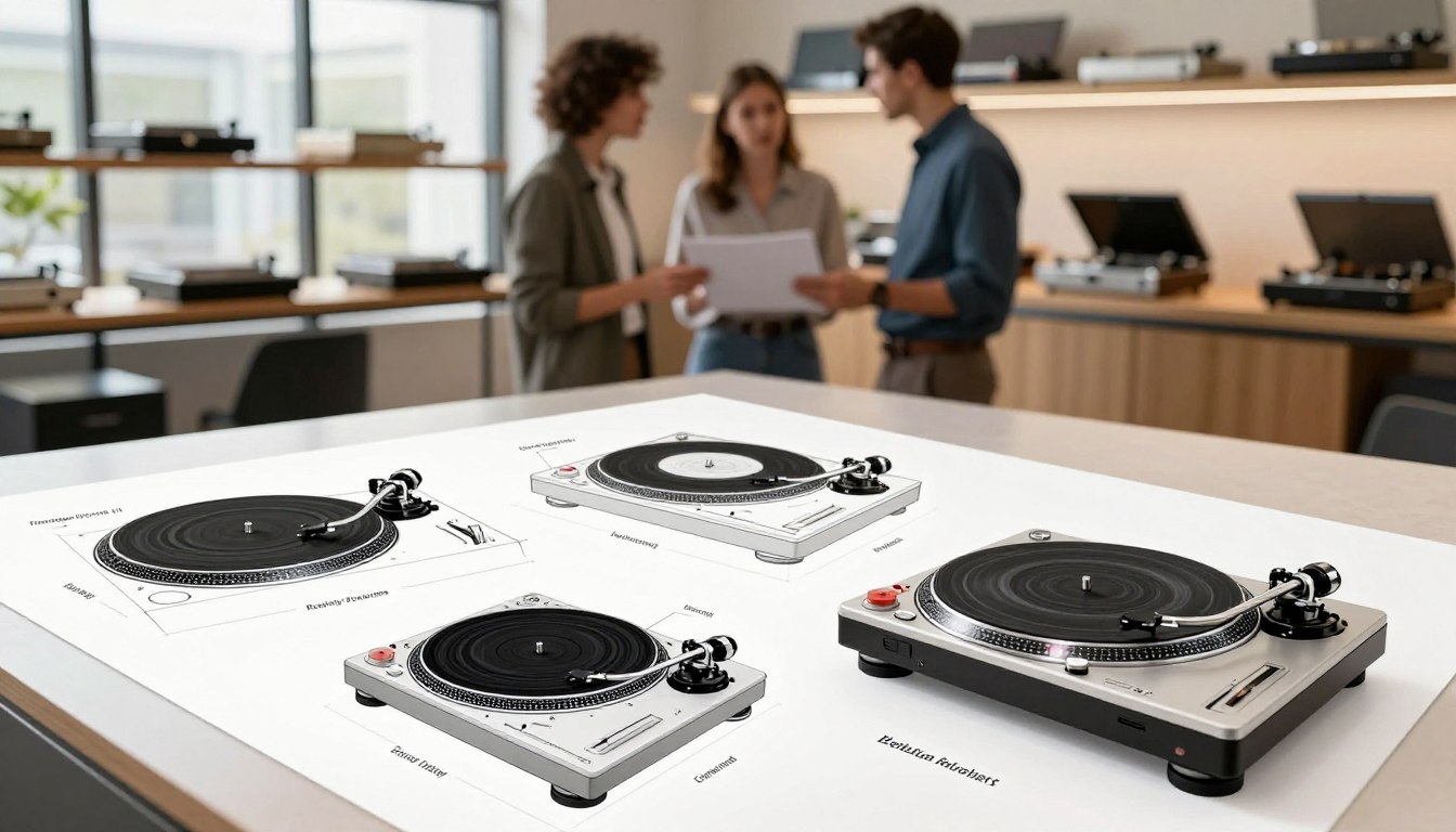 Turntable designs displayed on a white table in a modern showroom, with people discussing in the background.