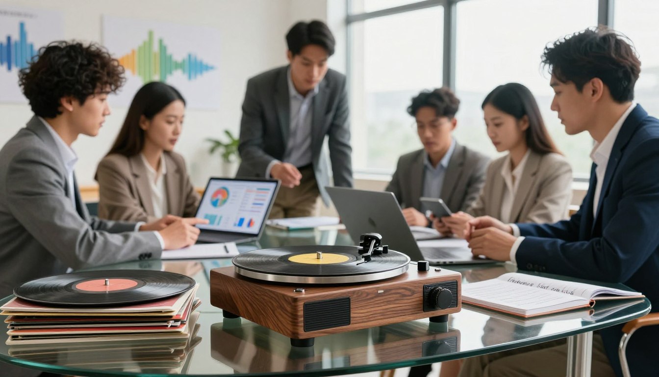Office team meeting with laptops and a vinyl record player on the table.