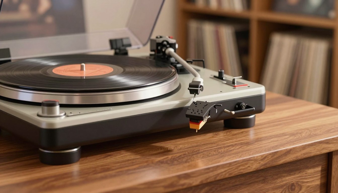 Turntable playing a vinyl record on a wooden table with a blurred background of shelves holding records.