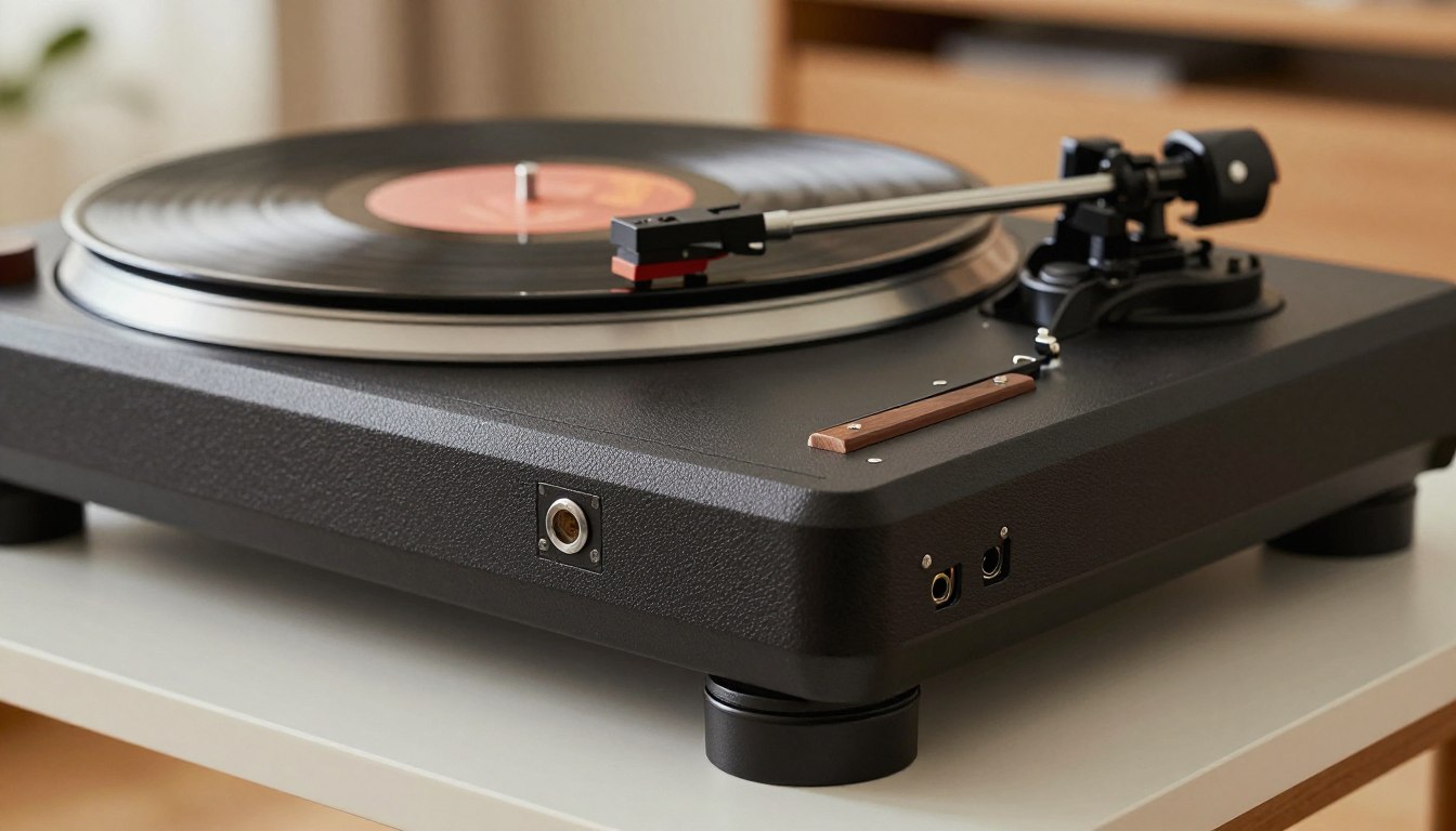 Turntable playing a vinyl record on a table, highlighting its retro design.