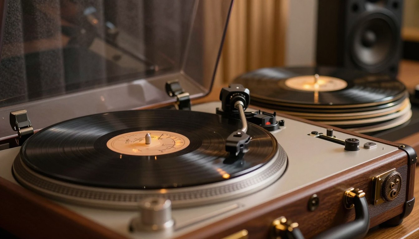 Turntable playing a vinyl record, speakers in the background.
