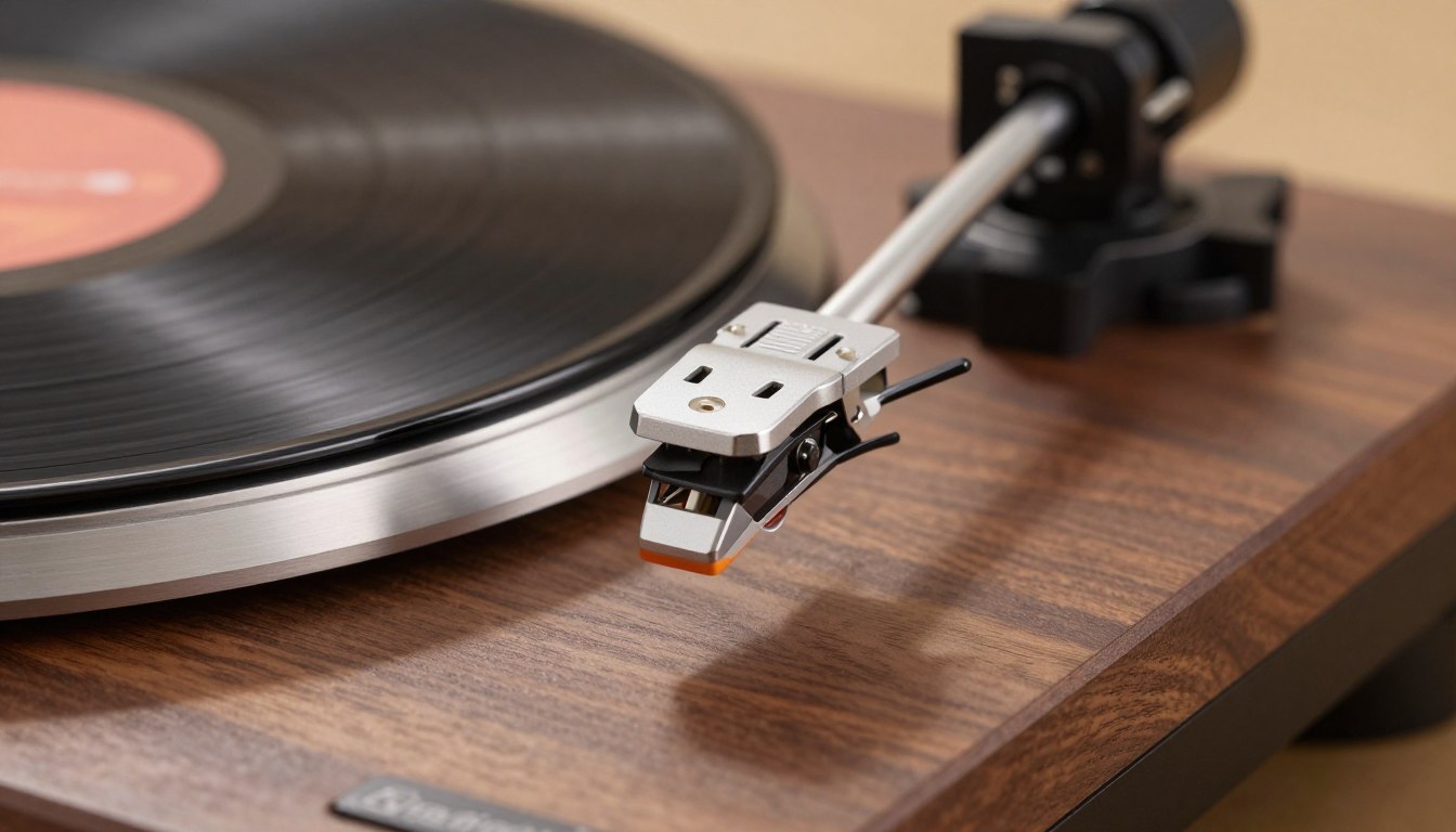 Turntable stylus positioned above a spinning vinyl record on a wooden base.