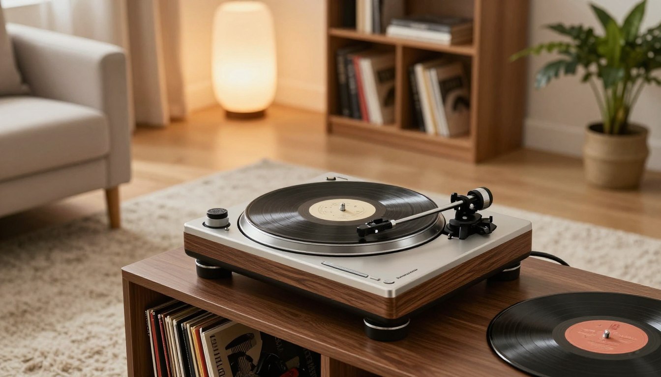 Turntable playing vinyl in cozy living room setting, bookshelves and plants nearby.
