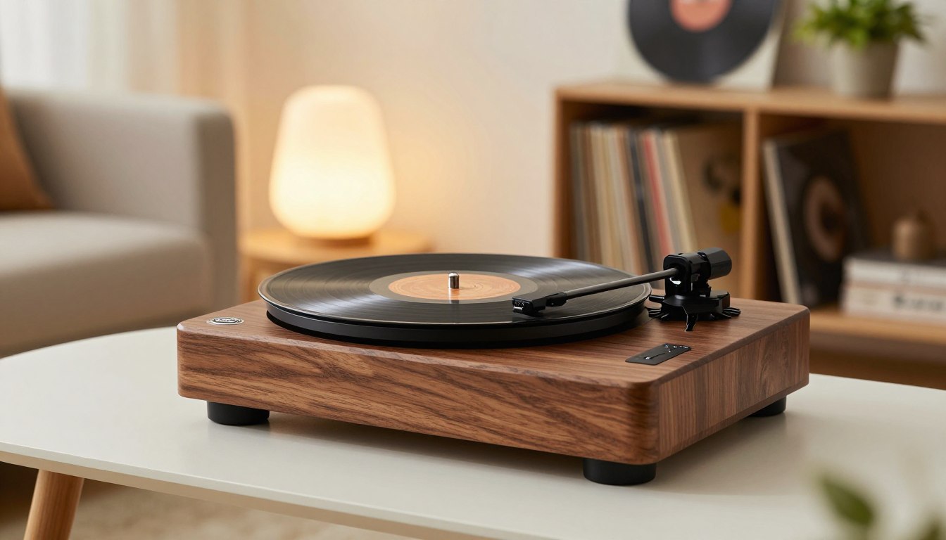 Wooden turntable playing a vinyl record in a cozy living room setting.
