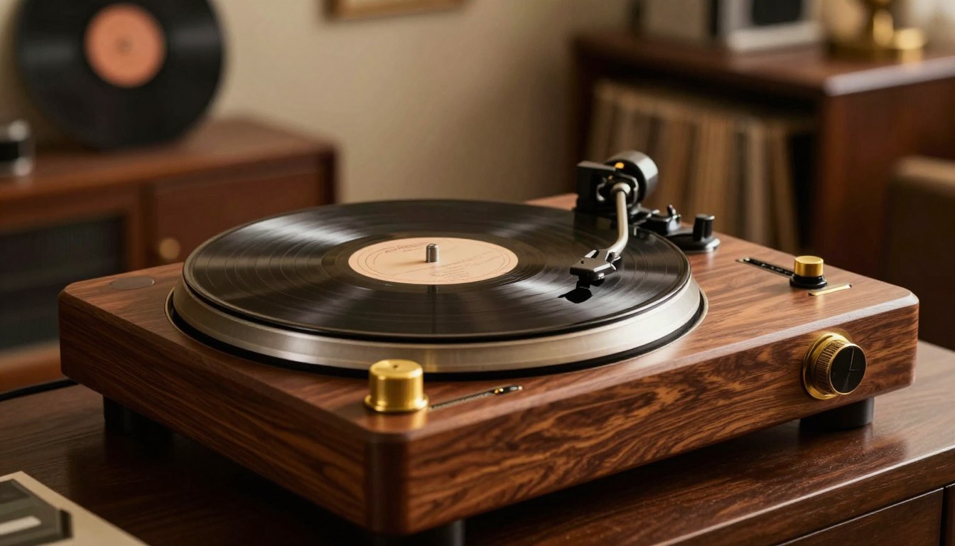Turntable with a wooden base playing a vinyl record in a cozy, vintage-inspired room.