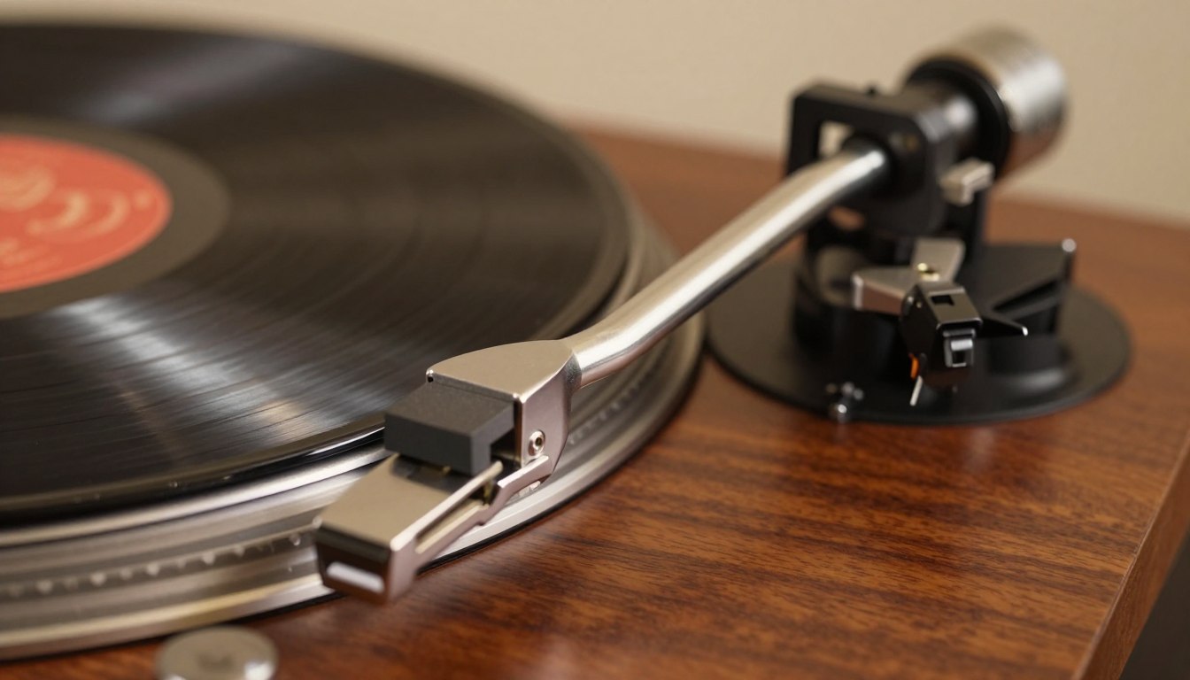 Turntable arm on a spinning vinyl record.