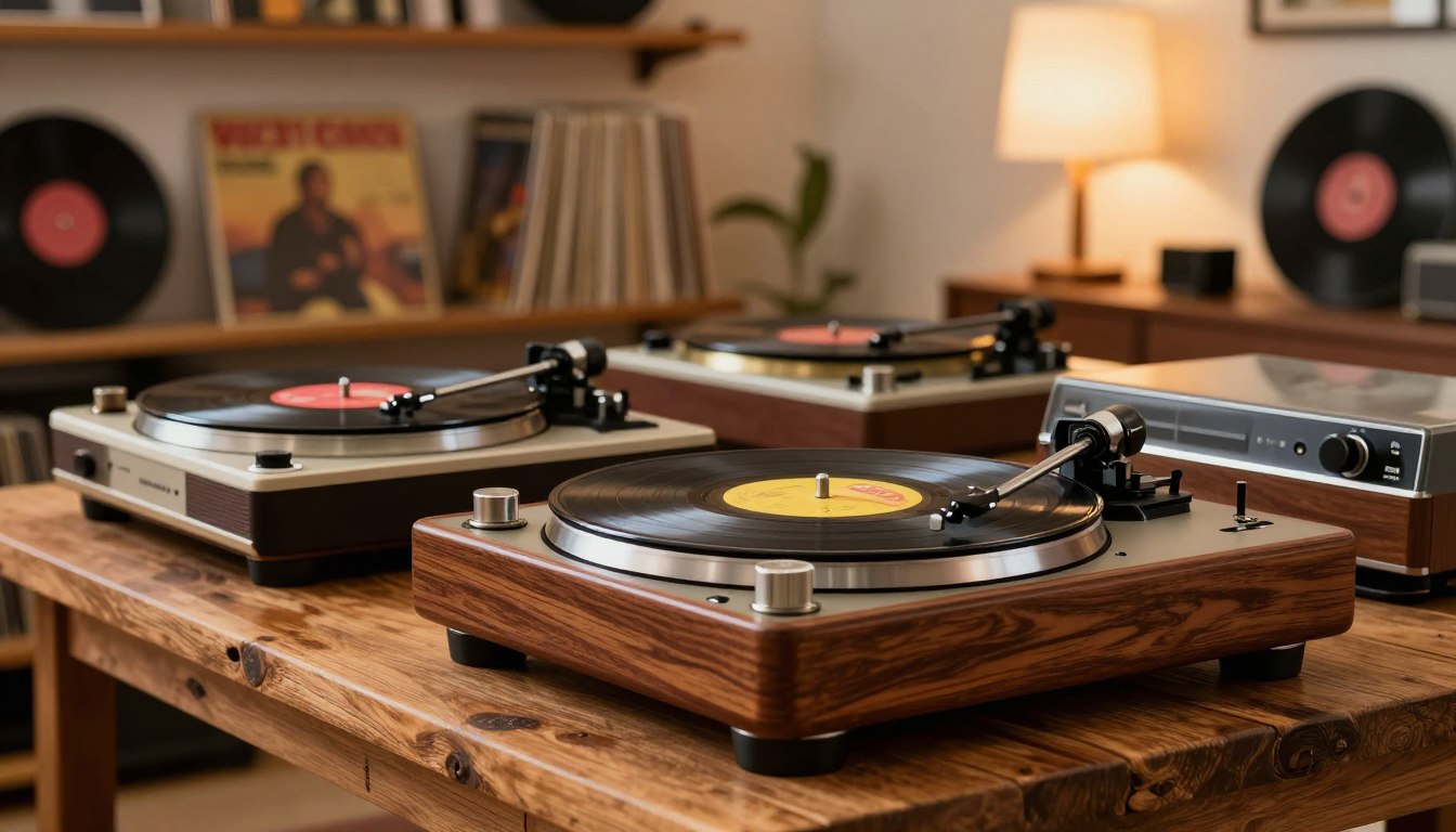 Vintage turntables on wooden table, surrounded by vinyl records. Warm, cozy ambiance.