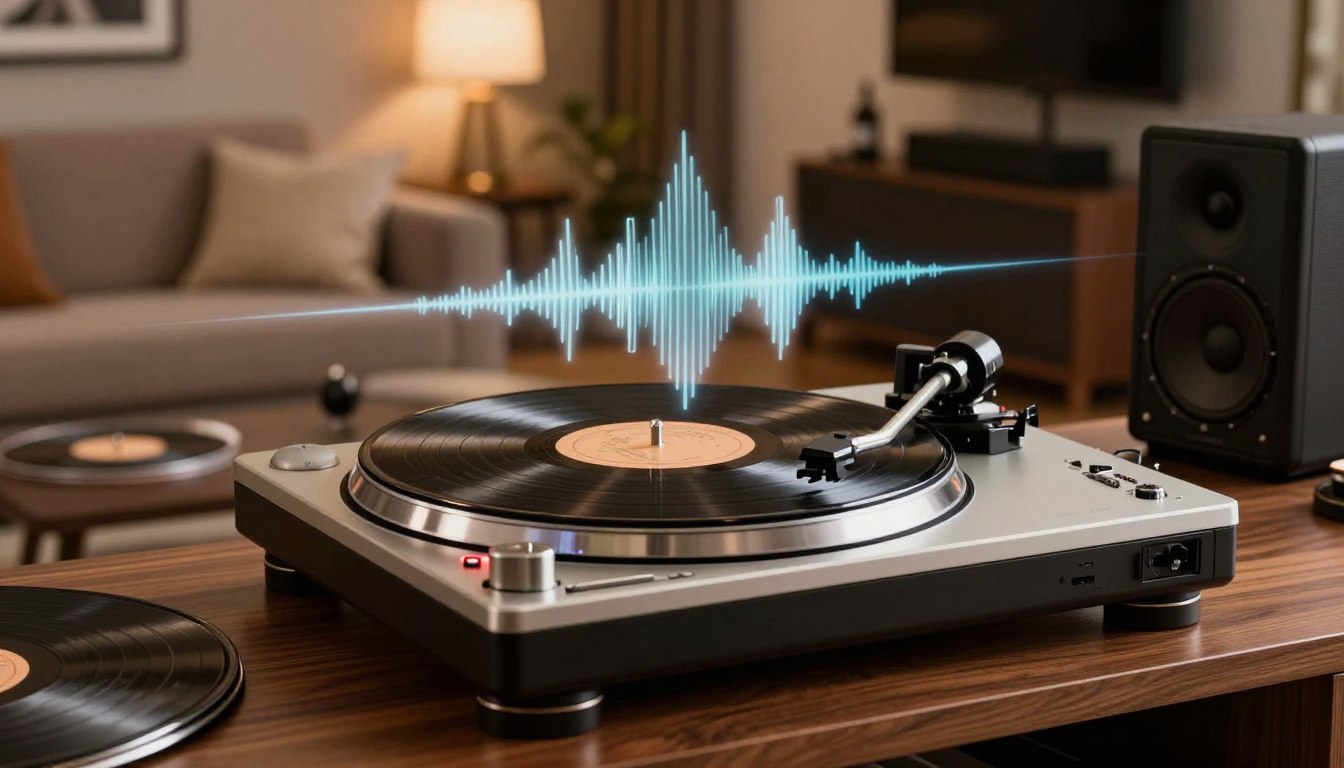 Turntable playing a vinyl record with a soundwave graphic, set on a wooden table in a cozy living room.