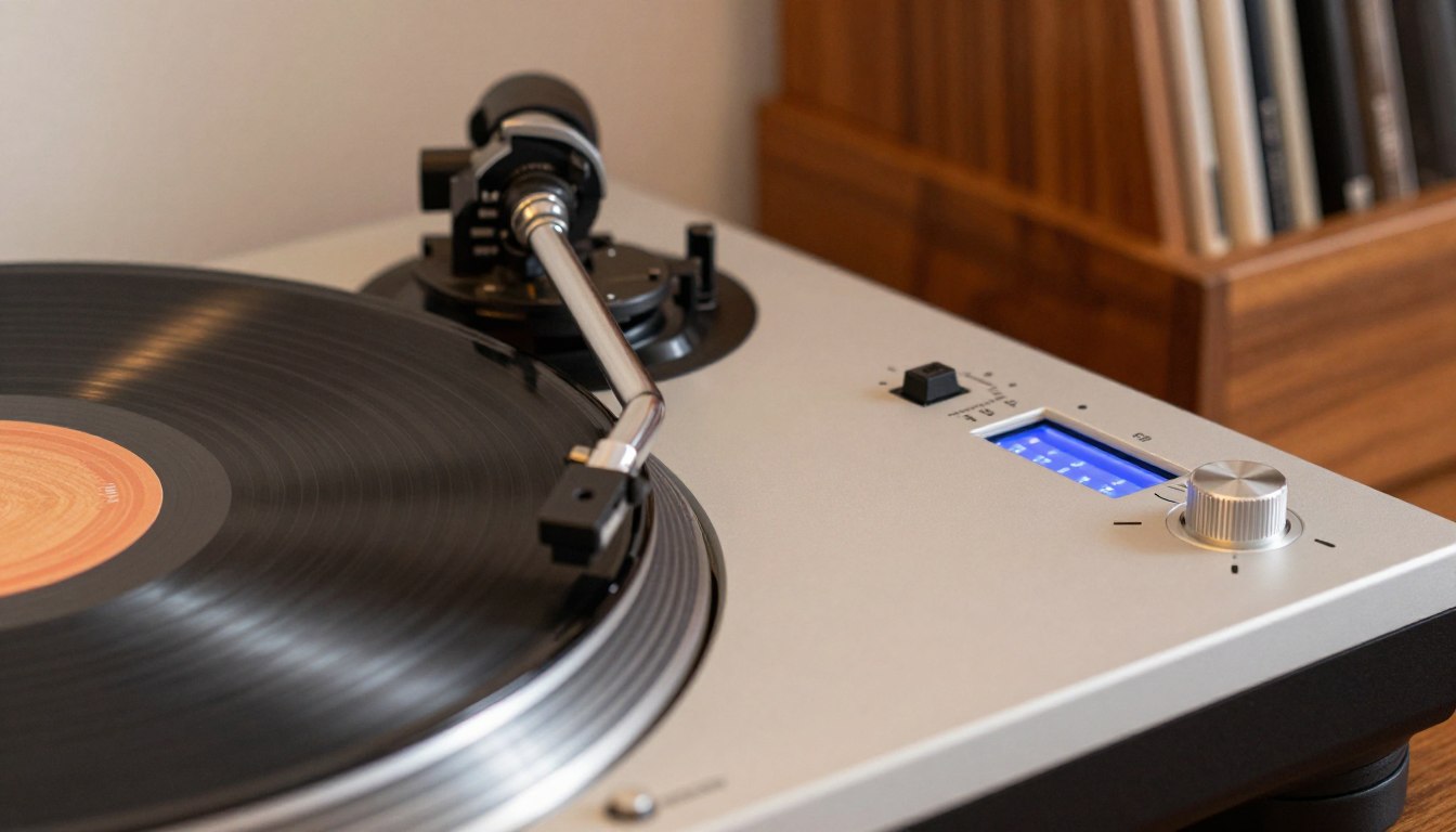 Turntable spinning a vinyl record, with control knobs and a display screen on a sleek silver base.