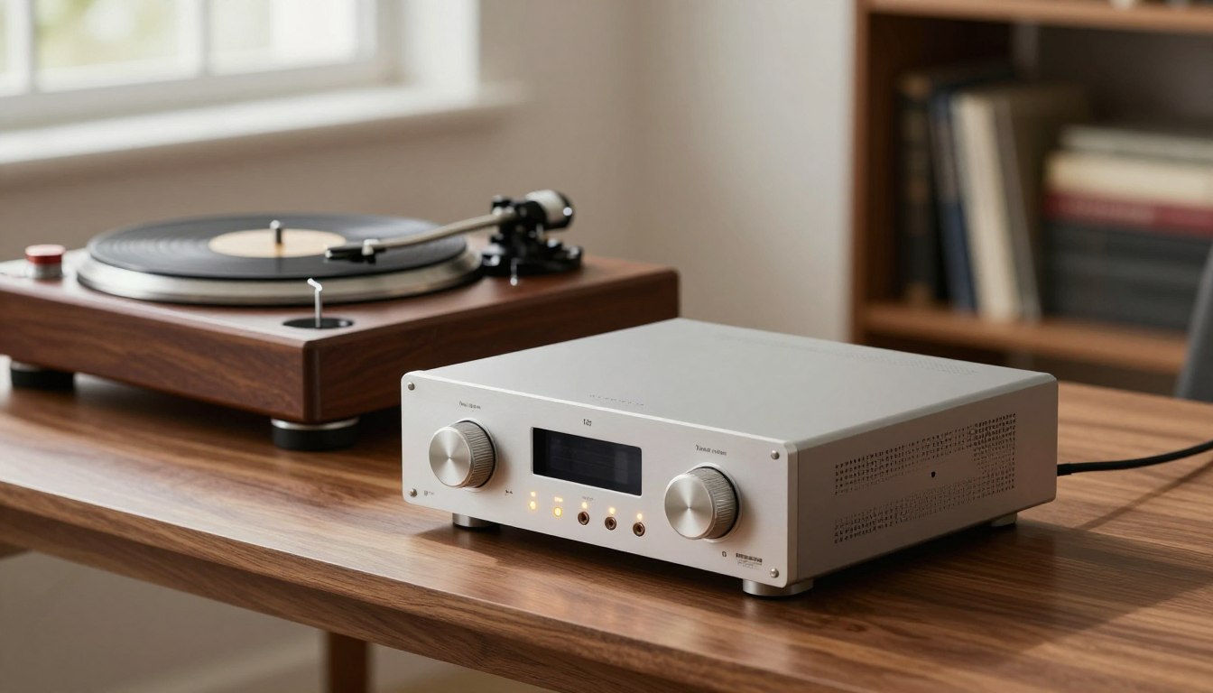 Turntable and amplifier on a wooden desk, with books on a shelf in the background.