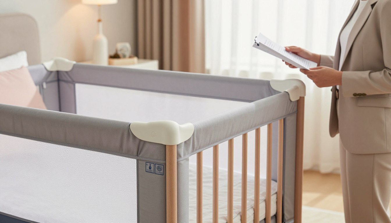 Person reviewing documents beside a crib in a softly lit bedroom.