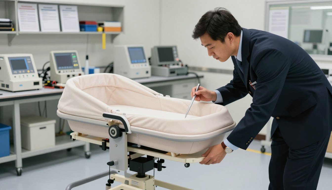 Man inspecting a baby bassinet in a medical equipment lab.