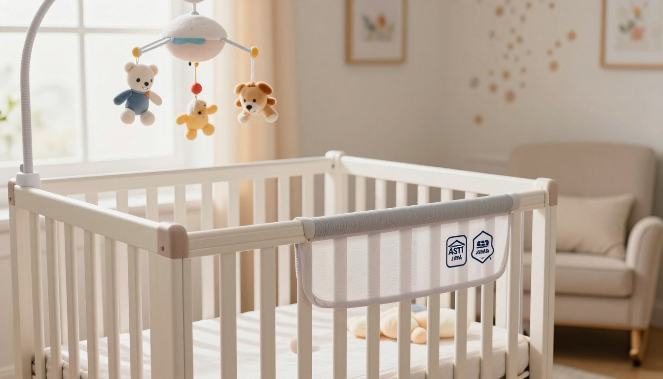 White baby crib with a hanging mobile featuring plush animals, in a softly lit, cozy nursery.