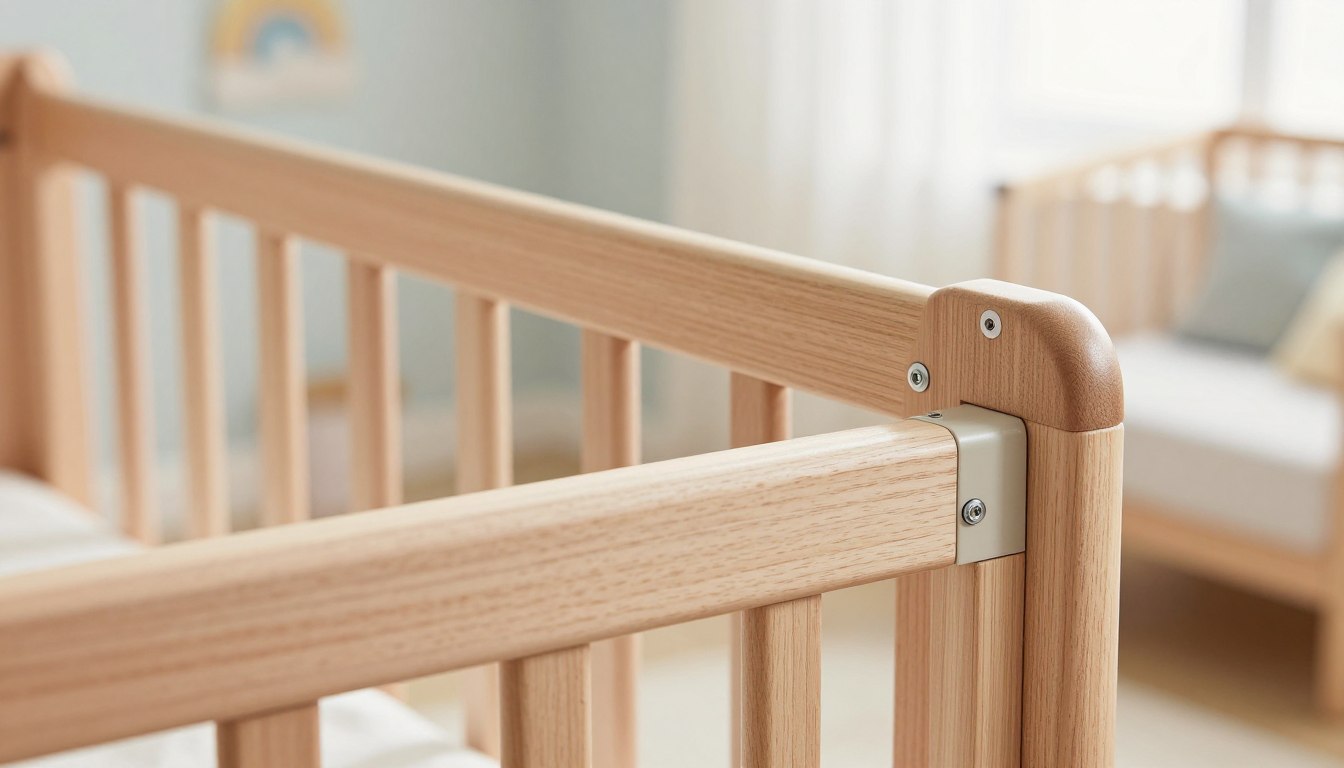Wooden crib rail in a softly lit nursery.