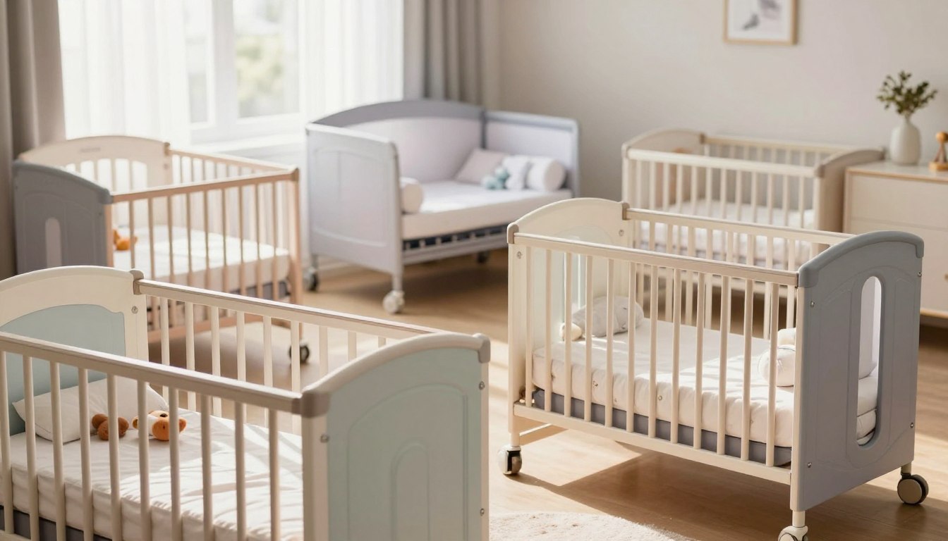 Bright nursery room with multiple white cribs on wooden floors, soft lighting, and minimal decor.