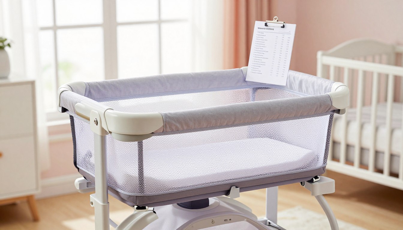 Baby bassinet with mesh sides in a softly lit nursery.