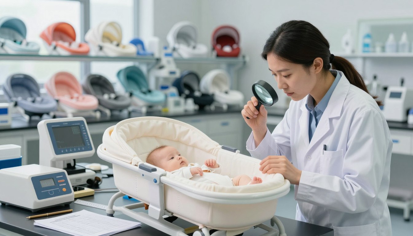 Doctor examining baby in hospital nursery with medical equipment.