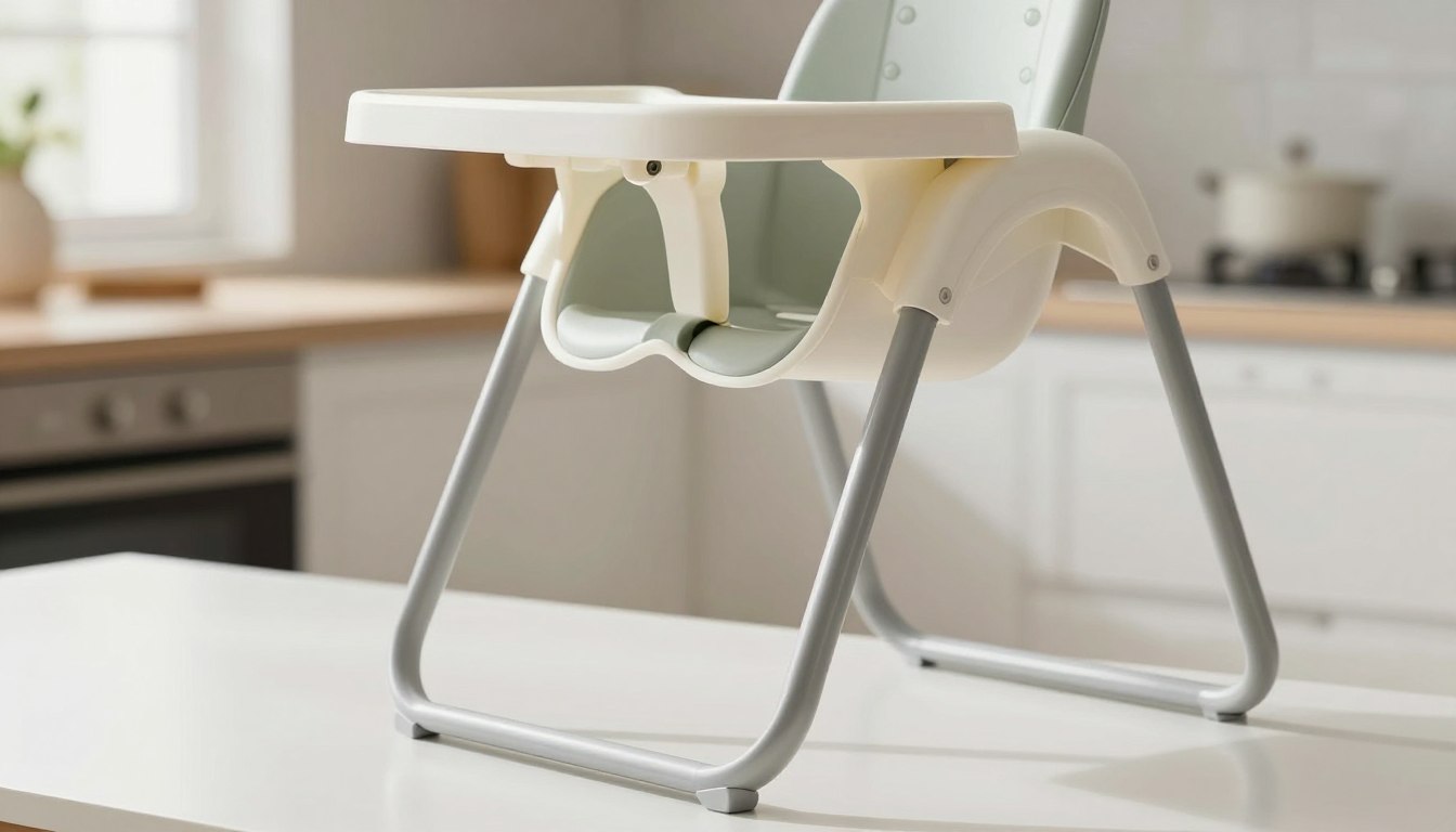 Modern highchair with a white tray and gray legs placed on a white kitchen countertop.