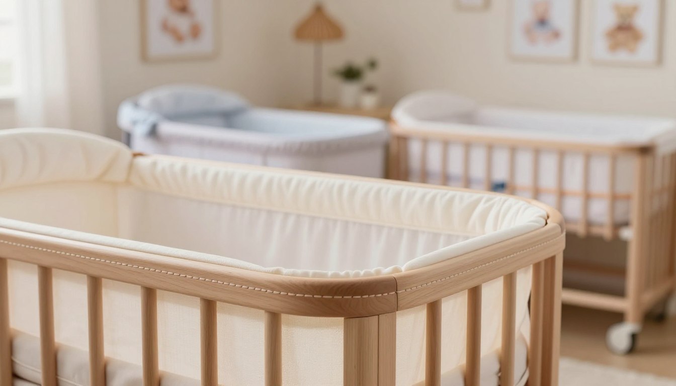 Nursery with three wooden cribs, soft lighting, and framed animal art.