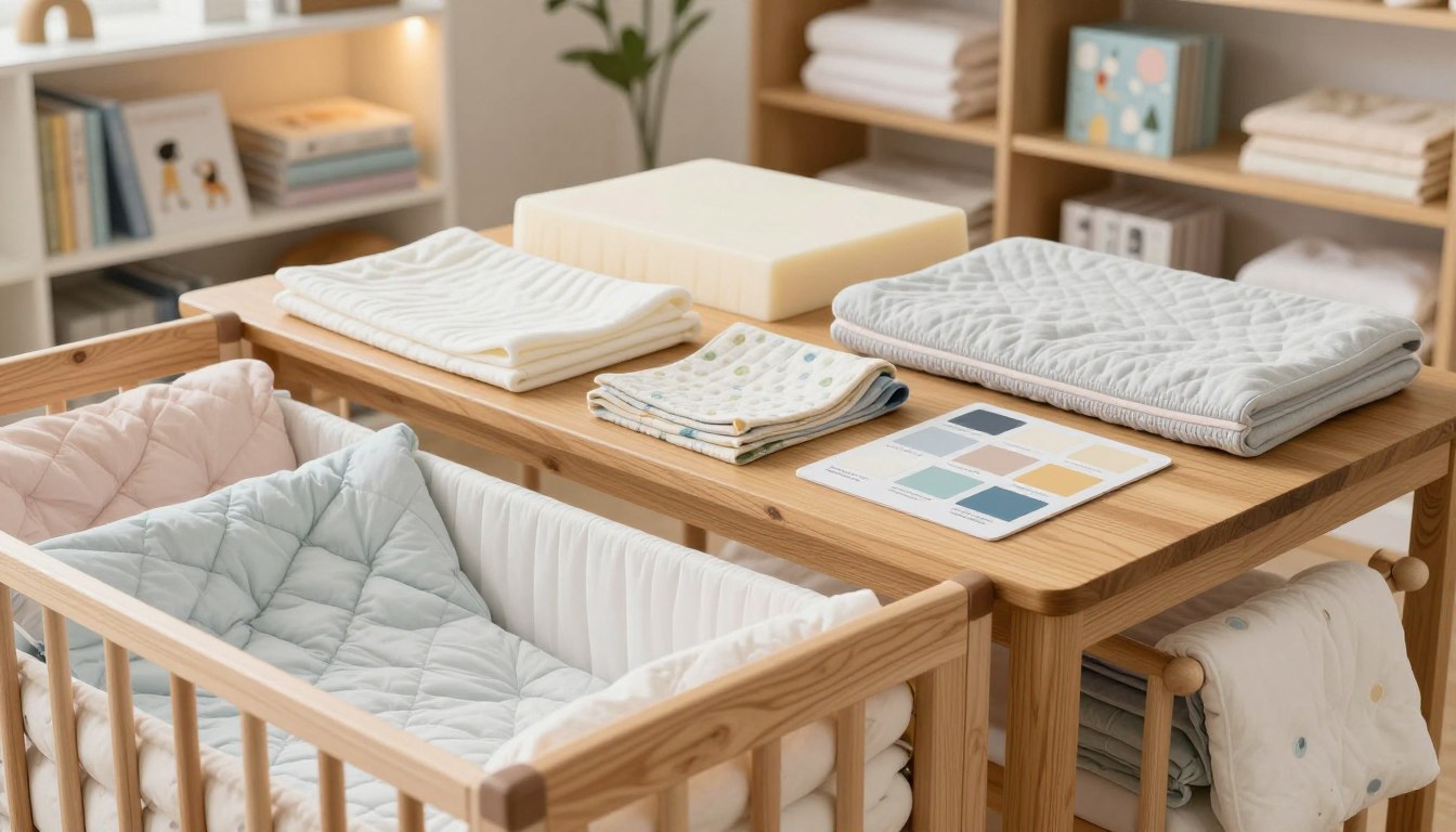 Nursery setup with pastel bedding and color swatches on a wooden table.