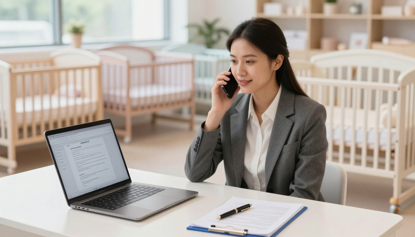 Businesswoman on phone in office with laptop, note pad, and cribs in background.
