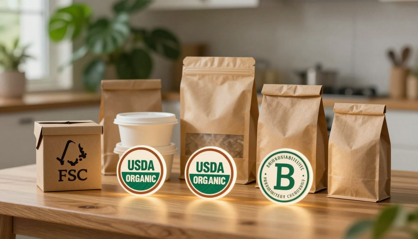 Eco-friendly packaging with FSC, USDA Organic, and sustainability certifications on a wooden table.