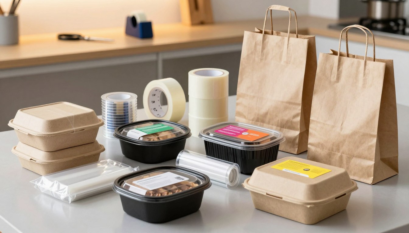 Takeout packaging and paper bags on a kitchen counter.