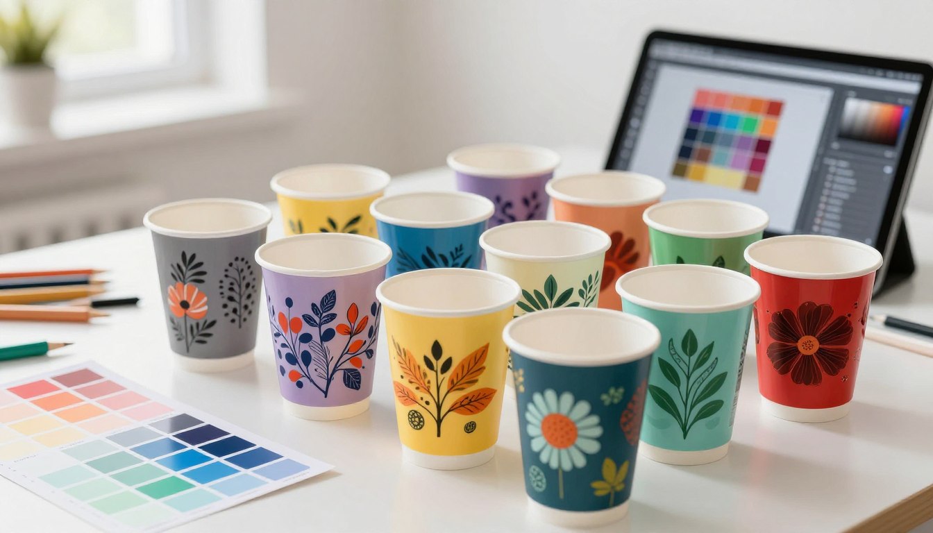 Colorful floral paper cups on a desk with color palettes and a tablet.