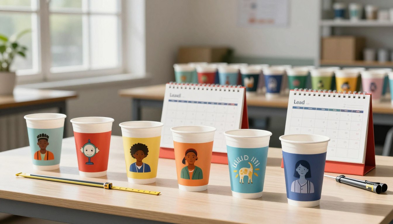 Colorful paper cups with diverse character illustrations on a desk, alongside calendars and stationery.
