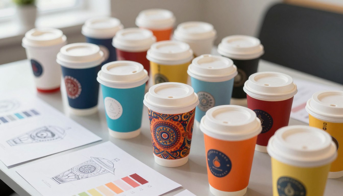 Colorful coffee cup designs on display table.